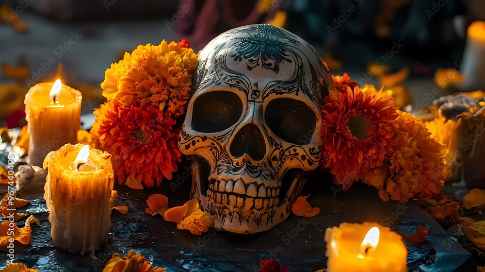Day of the Dead Skull in the cemetery in Janitzio, Mexico. Altar with cempasuchil flowers and candles. Day of the Dead Skull in the cemetery in Janitzio, Mexico. Altar with cempasuchil flowers and candles.
