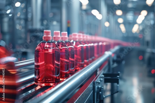 Conveyor with skincare products and home cleaning items in factory under UV light. Moving plastic bottles equipped with soap and shampoo dispensers under pink lighting. photo