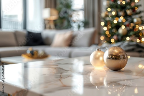 Modern light marble table adorned with festive decorations and a blurred cozy living room backdrop