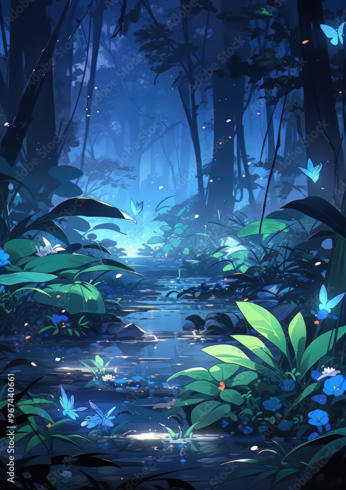 Fototapeta premium Blue butterflies fly over a stream in the woods.