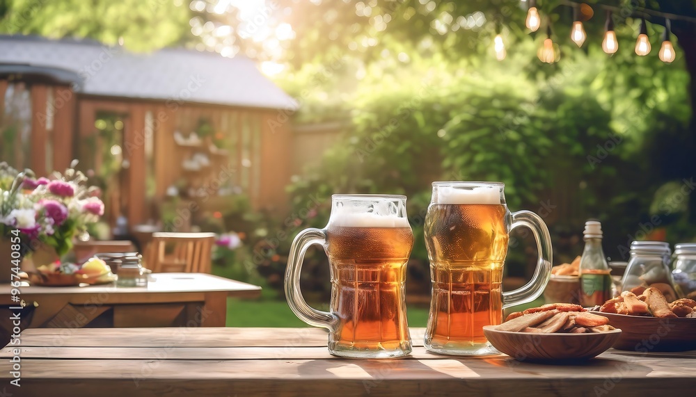 Oktoberfest Beer Garden Setting with Blurred Background - cozy scene with a small, charming table setup featuring beer steins, simple snacks, and rustic tableware. Graphic art illustration Oktoberfest Beer Garden Setting with Blurred Background - cozy scene with a small, charming table setup featuring beer steins, simple snacks, and rustic tableware. Graphic art illustration