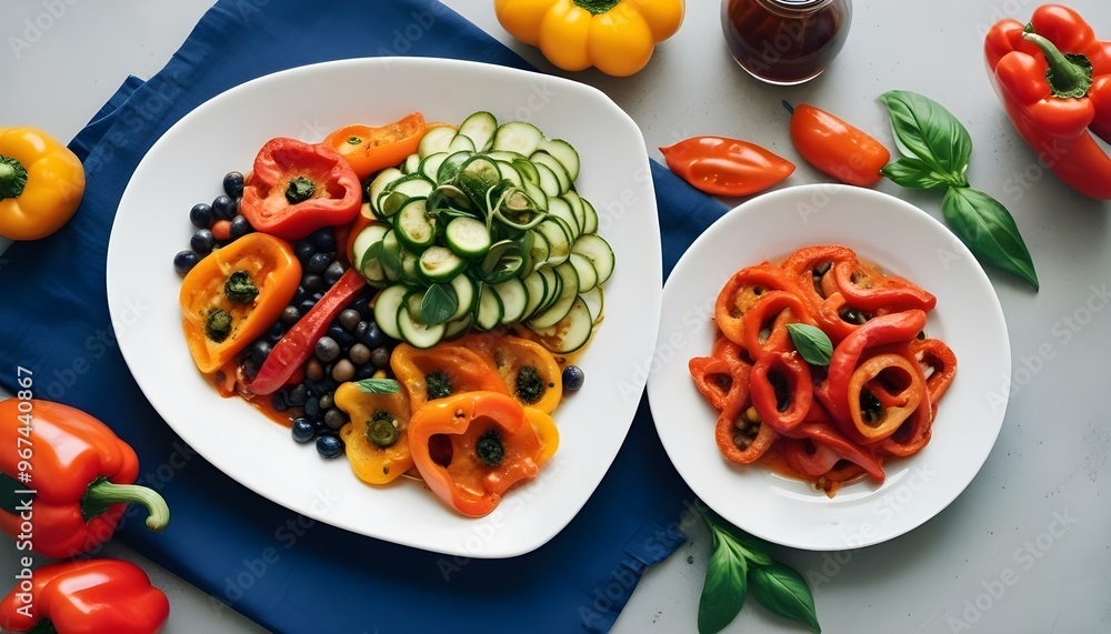 Fresh gourmet vegetarian meal with grilled tomato and bell pepper Fresh gourmet vegetarian meal with grilled tomato and bell pepper