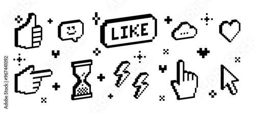 3D pixel art black elements set. Y2k trendy collage stickers. Thumbs up, smile face, heart. Mood of 90's aesthetics. 8-bit retro style vector illustration. Simple geometric shape. Game abstract icons