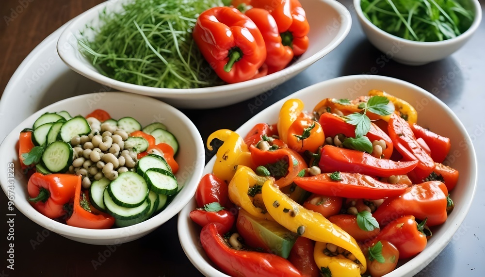 Fresh gourmet vegetarian meal with grilled tomato and bell pepper Fresh gourmet vegetarian meal with grilled tomato and bell pepper
