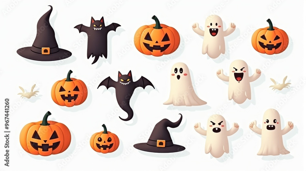 Fototapeta premium Halloween Illustration with Pumpkins, Ghosts, Bats, and Witch Hats for Spooky Celebrations