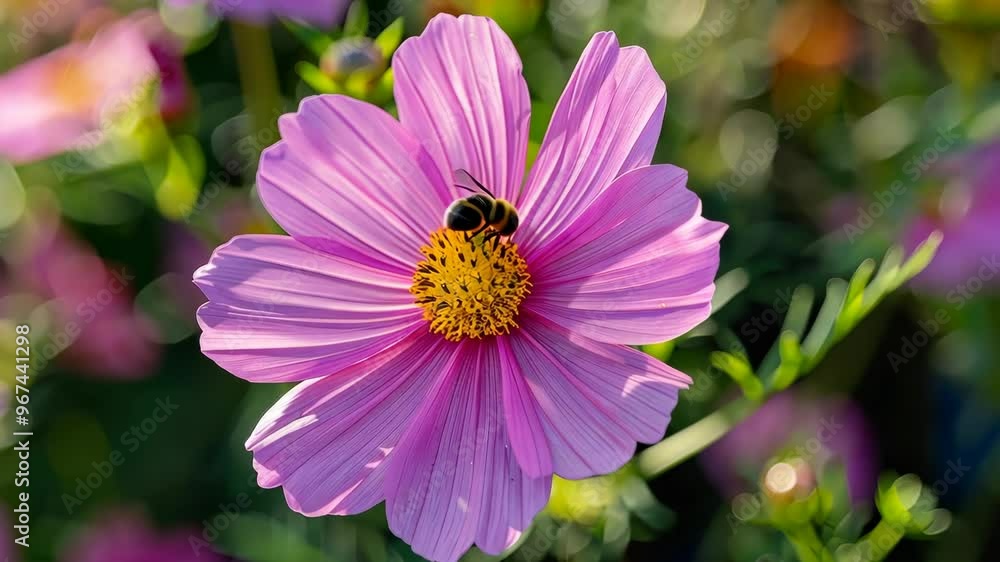 A close-up view of a newly planted pink flower with a bee pollinating in a sunny garden