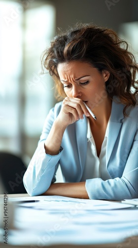 Businesswoman reviewing a high churn rate report with a concerned expression, emphasizing datadriven retention strategies, business planning