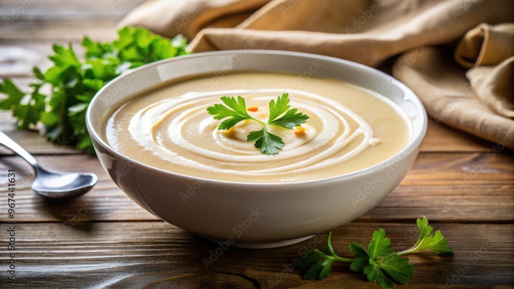 Creamy celery root bisque soup with a garnish of fresh herbs and a swirl of cream, celery root, bisque, soup Creamy celery root bisque soup with a garnish of fresh herbs and a swirl of cream, celery root, bisque, soup