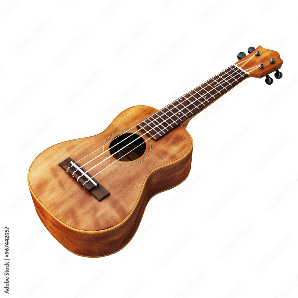 A beautifully crafted ukulele resting on a clean, isolated white background for artistic focus A beautifully crafted ukulele resting on a clean, isolated white background for artistic focus