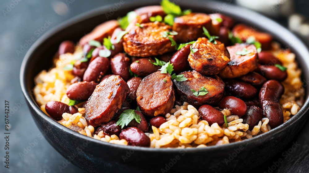 Close-up of a bowl filled with rice, kidney beans, and sliced sausage, garnished with fresh herbs. The dish is rustic and hearty, ideal for a comforting meal. Close-up of a bowl filled with rice, kidney beans, and sliced sausage, garnished with fresh herbs. The dish is rustic and hearty, ideal for a comforting meal.
