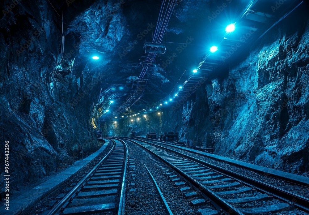 Naklejka premium A vast underground mining chamber illuminated by blue overhead lights.