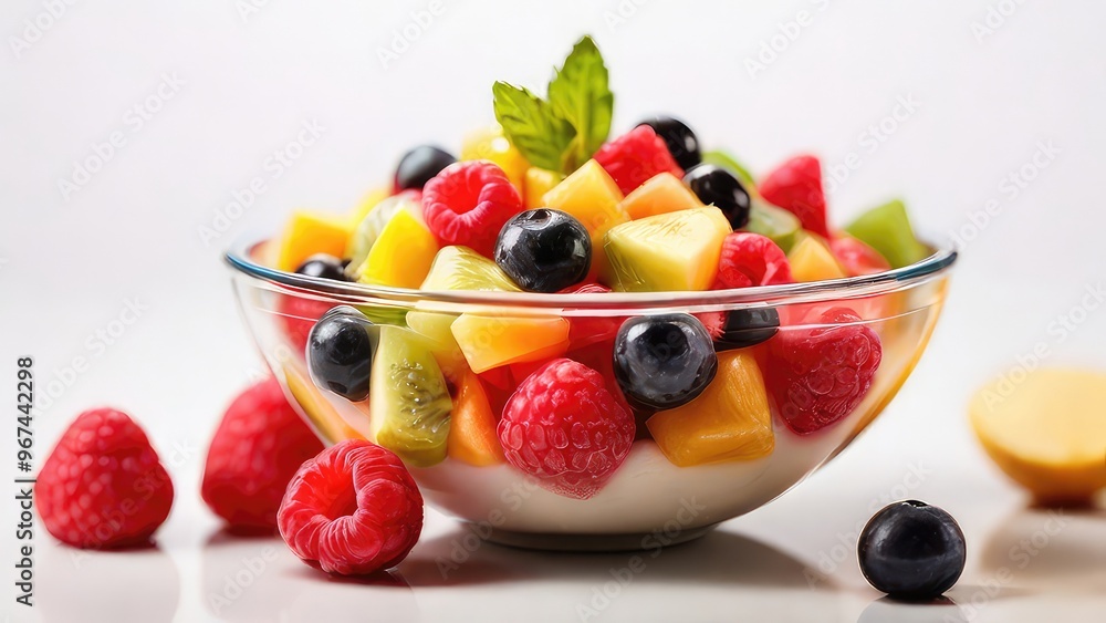one bowl of fruit salad with mixed berries and fruits in a transparent glass bowl isolated on a white background one bowl of fruit salad with mixed berries and fruits in a transparent glass bowl isolated on a white background