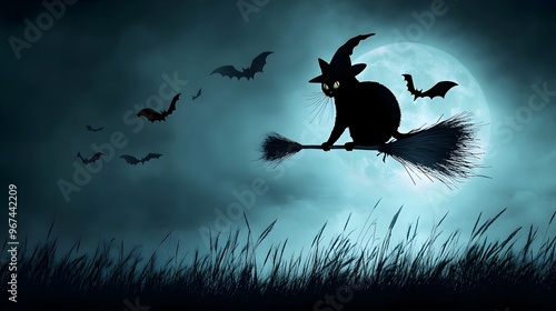 A spooky black cat wearing a witch costume, perched on a flying broomstick, with the silhouette of the full moon casting an ominous light, as bats flutter in the background  photo