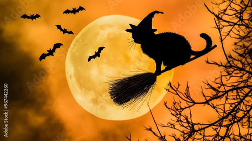 A spooky black cat wearing a witch costume, perched on a flying broomstick, with the silhouette of the full moon casting an ominous light, as bats flutter in the background  photo