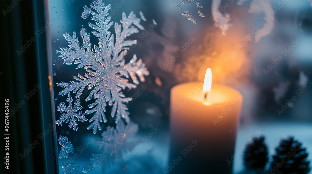 Serene Christmas Background with Frosted Window and Candlelight Serene Christmas Background with Frosted Window and Candlelight