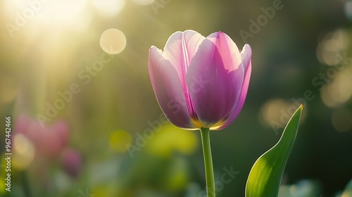 Purple tulip macro photo backlight bokeh blurred leaves with nature gardening environmental