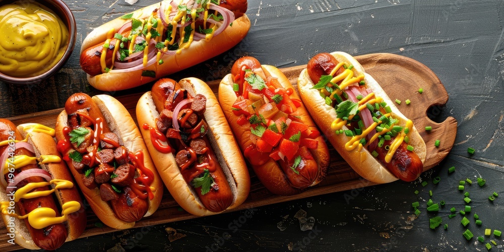 Mini hot dogs with a variety of delicious toppings including spicy sausage and mustard Mini hot dogs with a variety of delicious toppings including spicy sausage and mustard