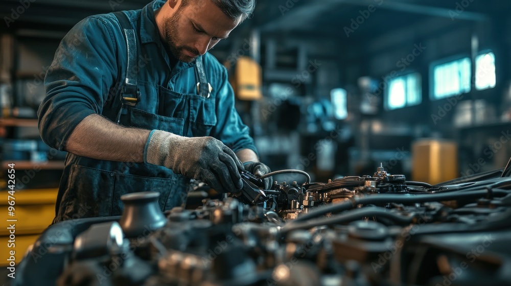 Mechanic Working On Car Engine Mechanic Working On Car Engine