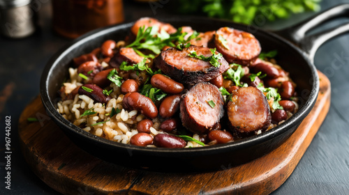 A skillet filled with a dish of sliced sausage, red beans, and rice, garnished with fresh parsley. The hearty meal is served on a wooden board with a rustic background.