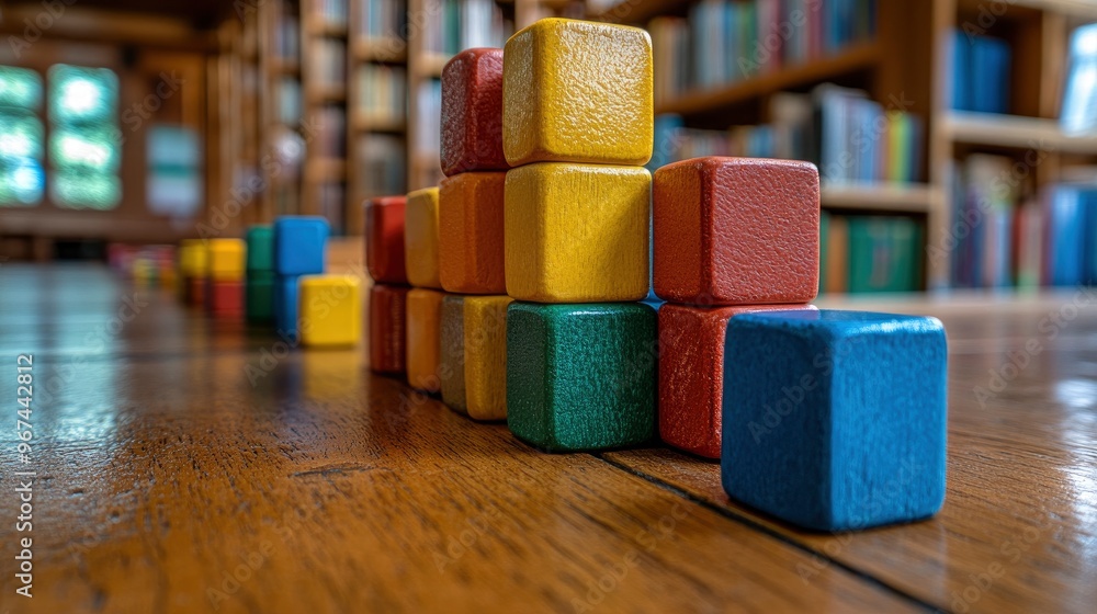 Colorful Wooden Blocks Stacked on a Wooden Table in a Library Colorful Wooden Blocks Stacked on a Wooden Table in a Library