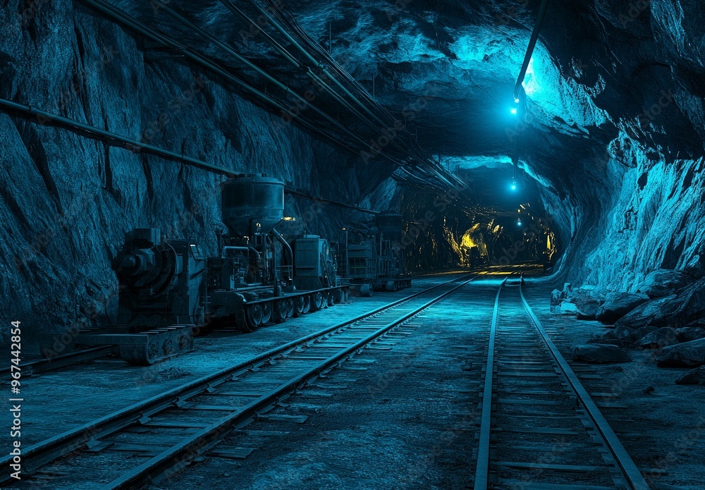 Naklejka premium An underground tunnel intersection with multiple rail tracks converging.