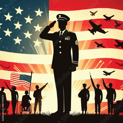 Veterans day poster. Veteran's day illustration with american flag, 11th November, Vector illustration