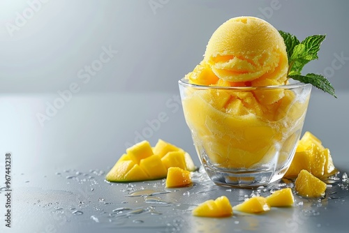 Mango sorbet in a glass cup with a mint leaf photo