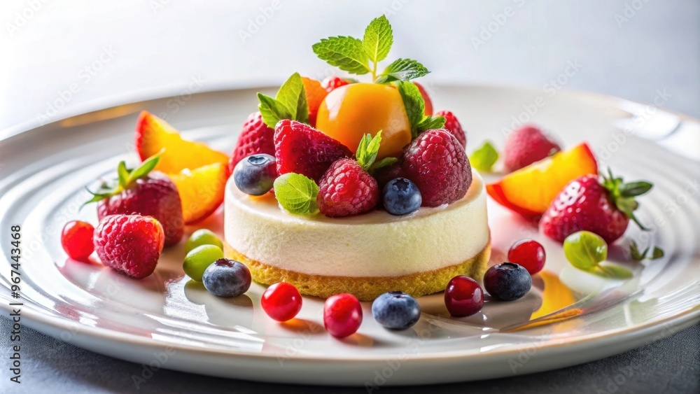 A beautifully plated dessert with vibrant colors, featuring a round base topped with fruits, dessert, plated, vibrant A beautifully plated dessert with vibrant colors, featuring a round base topped with fruits, dessert, plated, vibrant