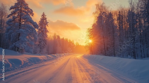 Perspective highway road, mountain forest view and blue sky on winter travel journey