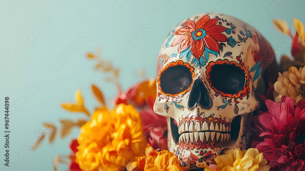 Painted human skull for the Mexican Day of the Dead (El Dia de Muertos) and flowers on a light background. Painted human skull for the Mexican Day of the Dead (El Dia de Muertos) and flowers on a light background.