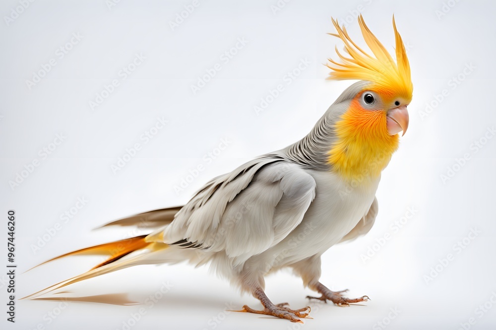 Obraz premium A curious cockatiel with yellow and orange feathers standing on a white background, Ai Generated