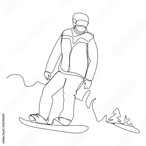 Vector illustration skier downhill skiing winter sport activity black white line art drawing, Continuous single line sketch drawing of man snowboarder ride speed at mountain. Winter vacation sports.