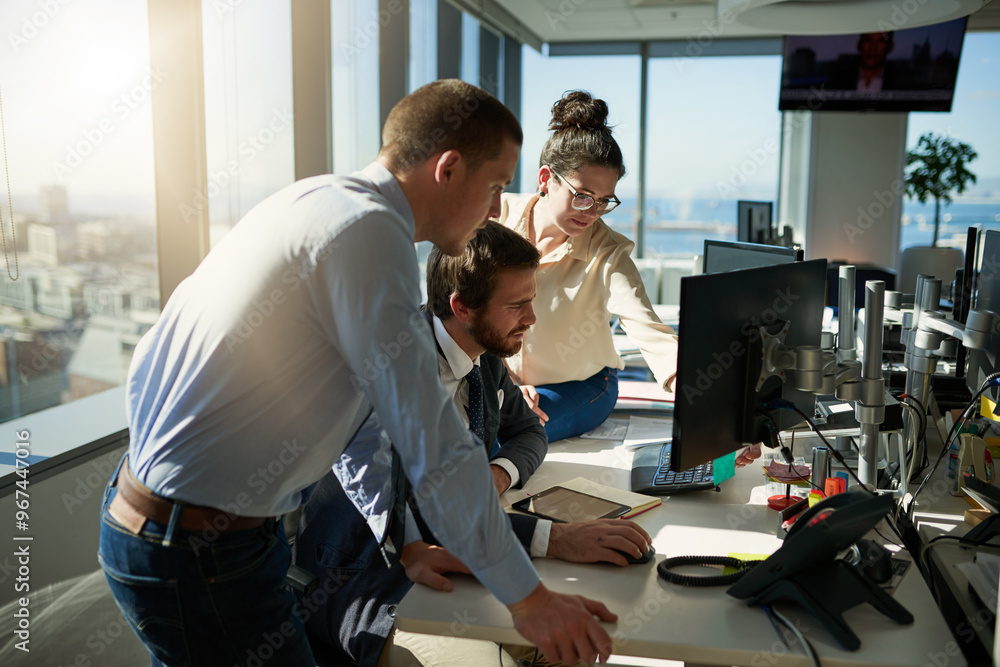 Team, computer and business people in office for discussion with advice, review or feedback on project. Collaboration, group and financial risk managers analyzing investment profit return or growth. Team, computer and business people in office for discussion with advice, review or feedback on project. Collaboration, group and financial risk managers analyzing investment profit return or growth.