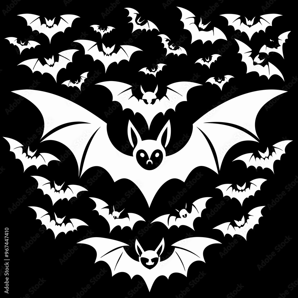 Group of Stylized White Bats Flying in Formation on Black Background Group of Stylized White Bats Flying in Formation on Black Background