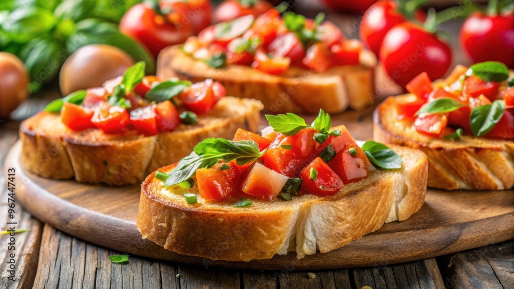 Close up view of toasted bruschetta made from sliced baguette , appetizer, snack, Italian cuisine, bread, garlic Close up view of toasted bruschetta made from sliced baguette , appetizer, snack, Italian cuisine, bread, garlic