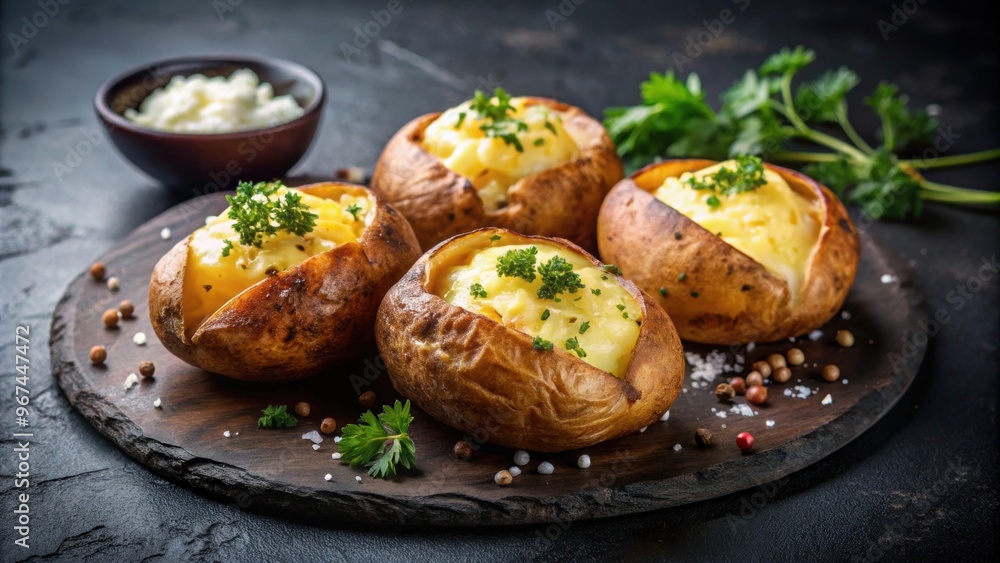 Hot baked potatoes with butter, black pepper, and sea salt flakes on black background , Baked potato, hot Hot baked potatoes with butter, black pepper, and sea salt flakes on black background , Baked potato, hot