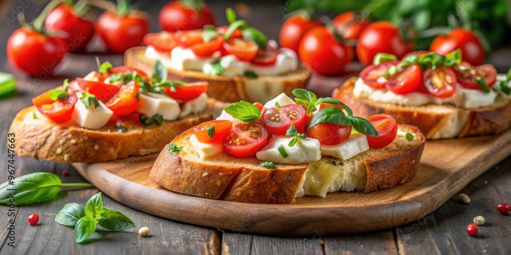 Close up view of bruschetta, toasts with mozzarella cheese and tomatoes topped with fresh herbs, bruschetta Close up view of bruschetta, toasts with mozzarella cheese and tomatoes topped with fresh herbs, bruschetta