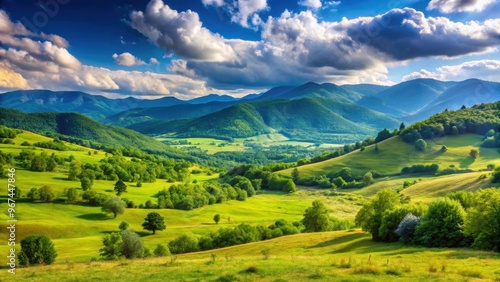 Idyllic summer landscape in Stara Planina, Bulgaria with lush green meadows, towering mountains