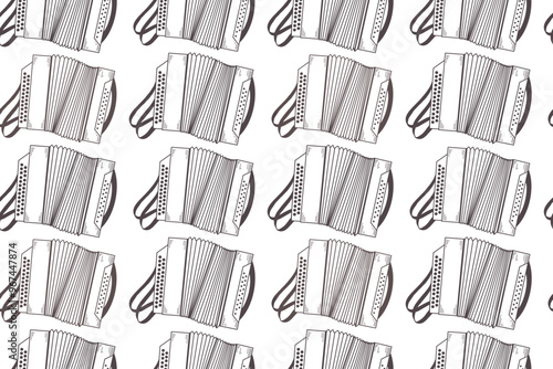 Folk musical instruments, accordion, accordion, all objects are hand drawn in vector in gray color. Seamless vector pattern. Suitable for printing on fabric, paper, for poster design.
