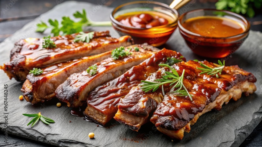 Closeup of succulent grilled pork ribs with BBQ sauce and honey caramelization on a stone background, grilled, pork ribs Closeup of succulent grilled pork ribs with BBQ sauce and honey caramelization on a stone background, grilled, pork ribs