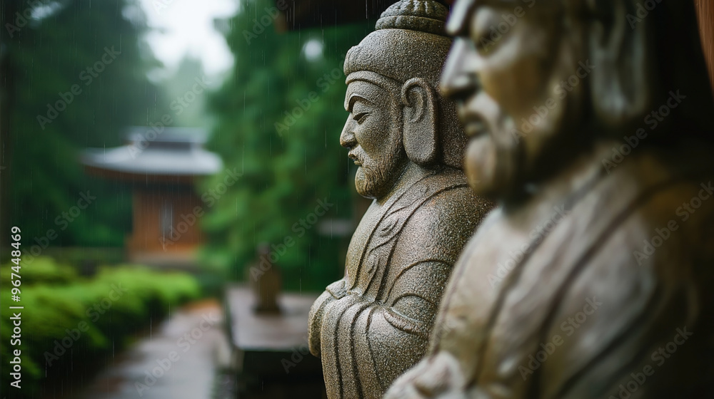 Obraz premium Close-up of stone statues in a serene Asian garden setting, slightly blurred background with trees and a traditional pavilion visible, during rainy weather.