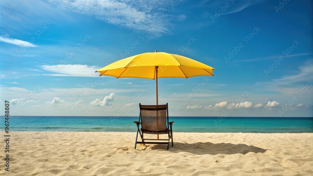 Yellow umbrella providing shade for a black chair on a peaceful beach setting in summer , beach, relaxation, vacation, sunny, sea Yellow umbrella providing shade for a black chair on a peaceful beach setting in summer , beach, relaxation, vacation, sunny, sea