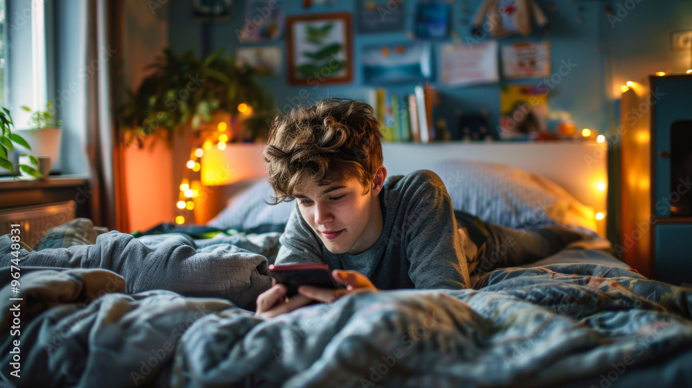 Teenager using smartphone in a decorated bedroom