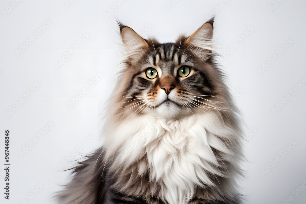 A fluffy norwegian forest cat sitting majestically on a white background, Ai Generated A fluffy norwegian forest cat sitting majestically on a white background, Ai Generated