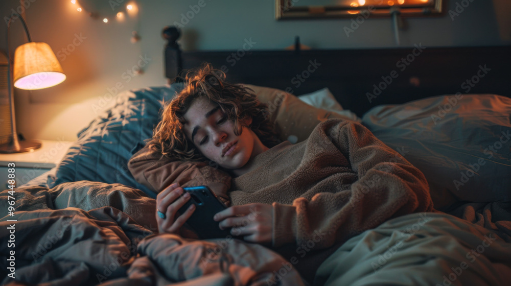 Teenager using smartphone in bed with warm lighting Teenager using smartphone in bed with warm lighting