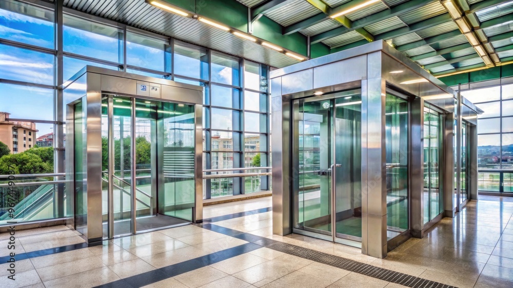 Two modern glass lifts at a public transport station in Naples, Italy , Naples, Italy, public transport Two modern glass lifts at a public transport station in Naples, Italy , Naples, Italy, public transport
