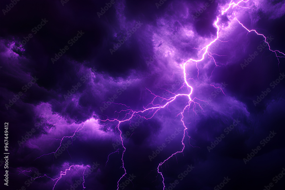 A dramatic sky illuminated by purple lightning against dark storm clouds. A dramatic sky illuminated by purple lightning against dark storm clouds.