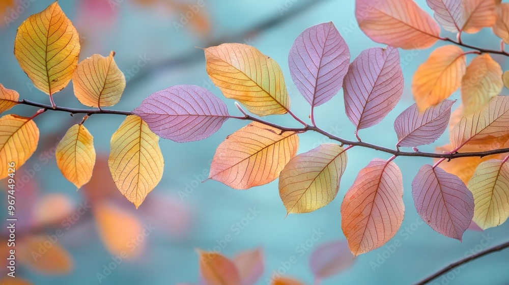 Pastel-Colored Leaves: Tree Branches Transitioning Between Seasons in Light Green and Soft Lavender Hues Pastel-Colored Leaves: Tree Branches Transitioning Between Seasons in Light Green and Soft Lavender Hues