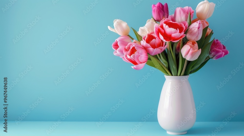 Colorful tulip peonies in white vase on blue background Banner Colorful tulip peonies in white vase on blue background Banner