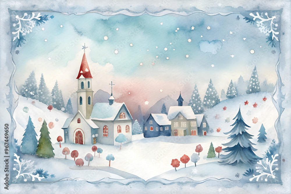 Watercolor image of winter scene with red houses, church, bare trees, and blue cloudy sky Watercolor image of winter scene with red houses, church, bare trees, and blue cloudy sky